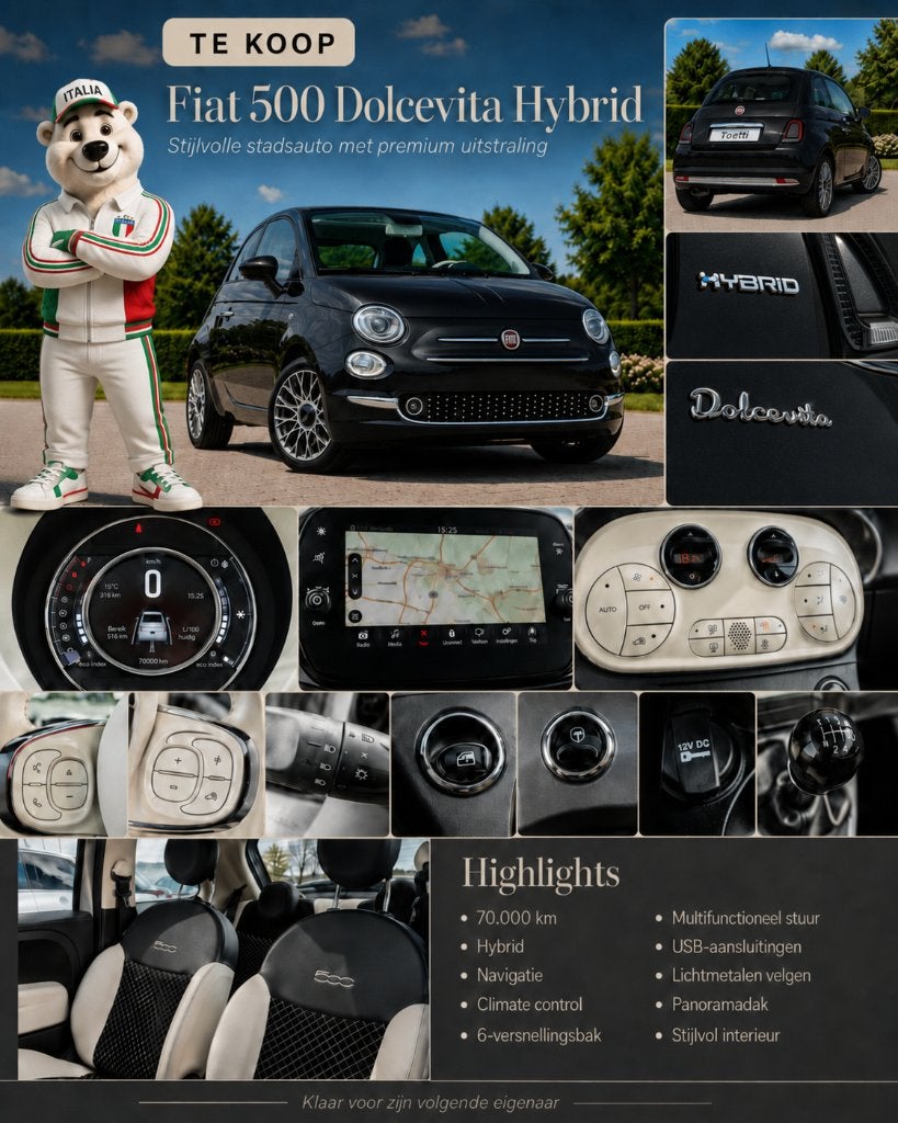 Fiat 500 Dolcevita hybride, Achat, Phares entièrement LED, Boîte manuelle, Entretenue par le concessionnaire