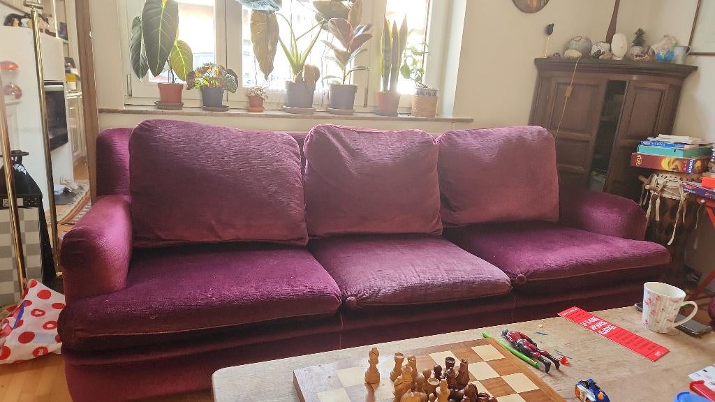 Ensemble salon velours prune – canapé 3 places + 2 fauteuils, Enlèvement, Utilisé, Tissus