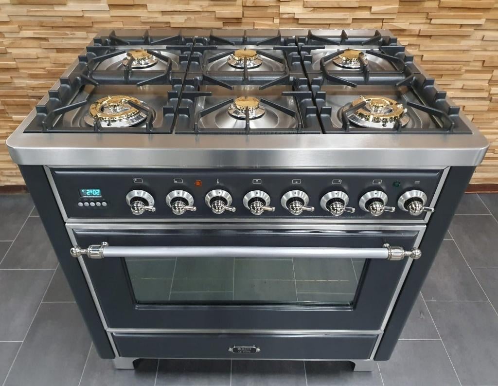 🔥Luxe Boretti Majestic Fornuis 90cm antraciet + rvs 6 pits, Ophalen, Zo goed als nieuw, Gas, 90 tot 95 cm
