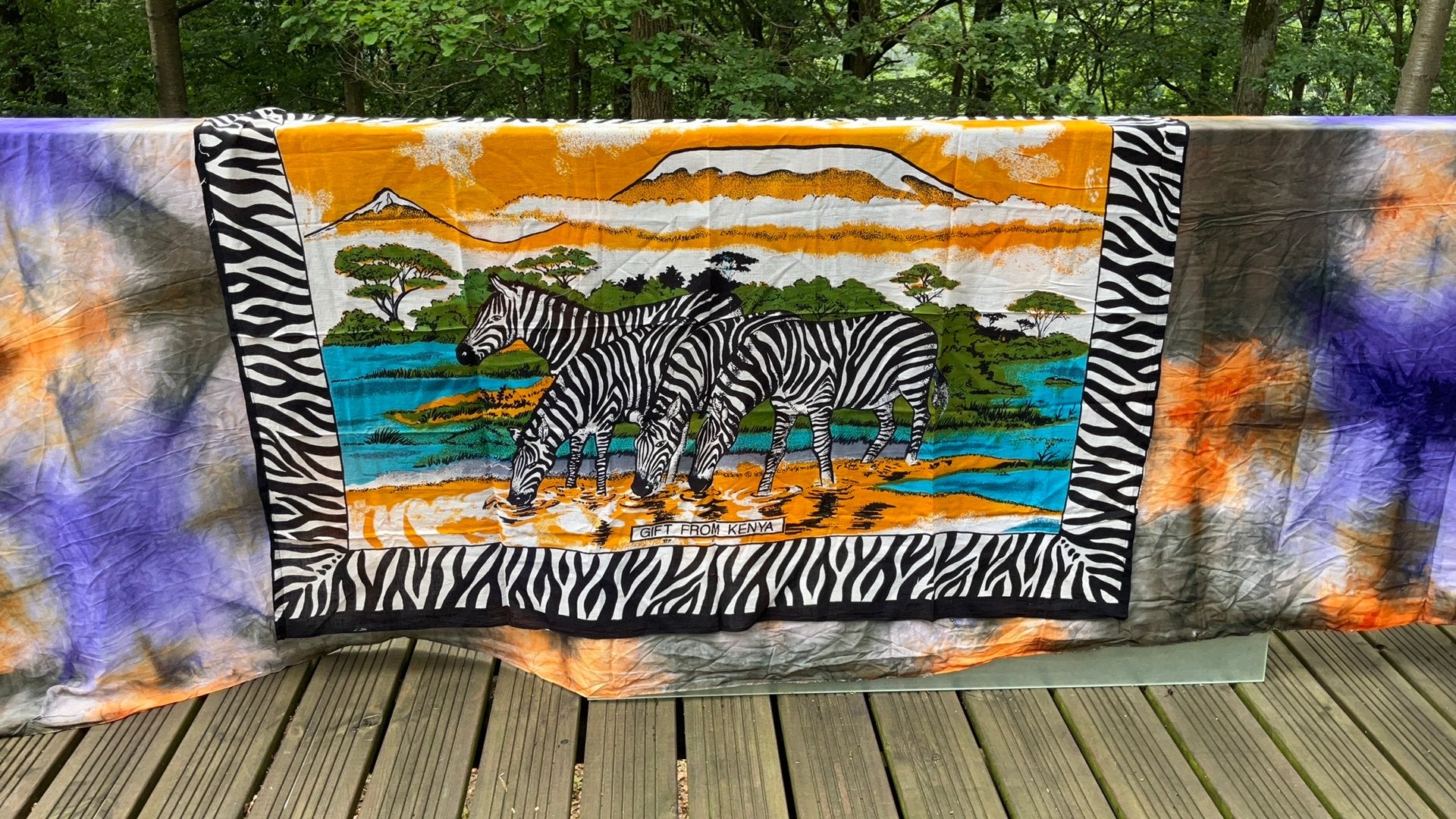Afrikaanse safari-doek uit Kenia – zebra’s aan waterplas, Antiek en Kunst, Kunst | Niet-Westerse kunst, Wanddecoratie, Natuurlijk materiaal