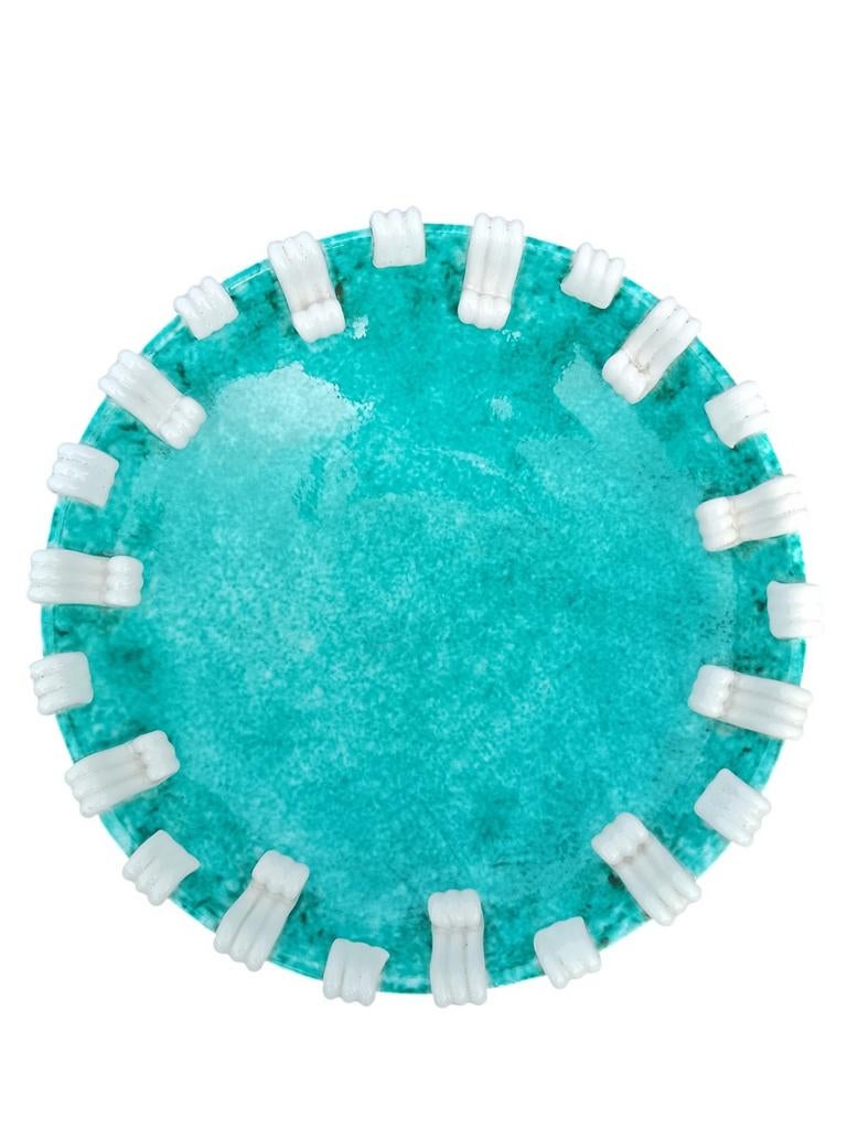 Vintage Turquoise Keramische Schaal met Witte Applicaties, Antiek en Kunst, Ophalen