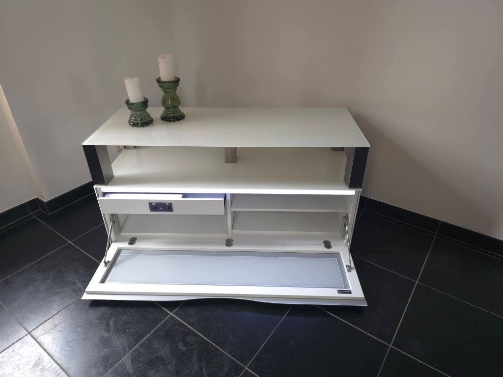 Tv kast in wit glas, Huis en Inrichting, Ophalen, Minder dan 100 cm, Modern, Glas