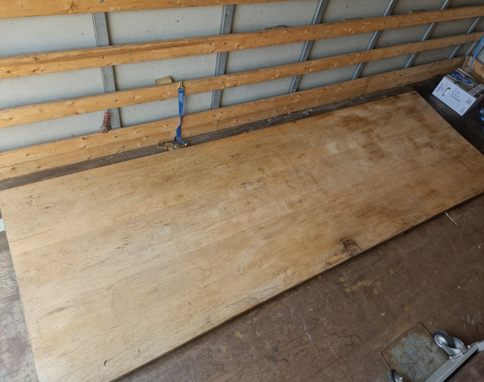 Oud brocant massief eiken tafelblad 302 cm, Ophalen