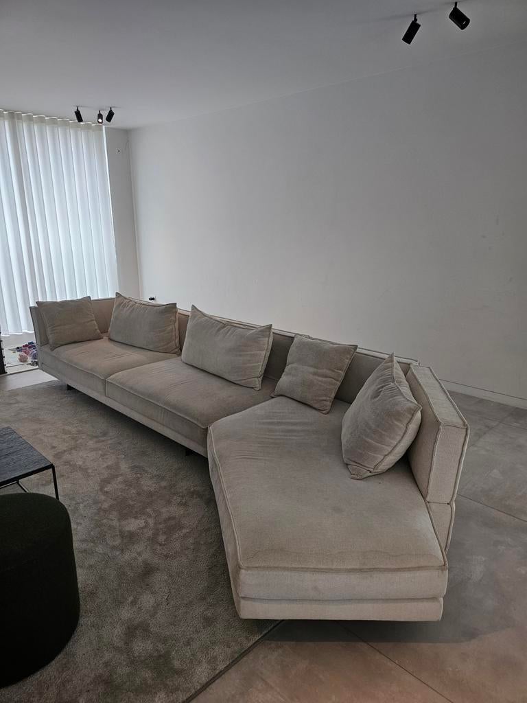 Design hoekzetel / loungezetel in beige stof, Ophalen, Gebruikt, Design., Stof