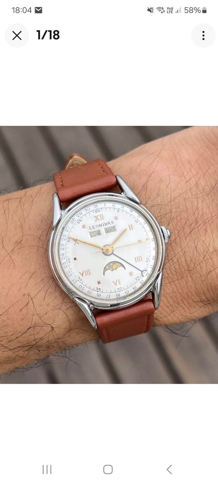 Montre Leonidas Triple date Moonphase (pré HEUER), Bijoux, Sacs & Beauté, Enlèvement ou Envoi, Acier, Cuir
