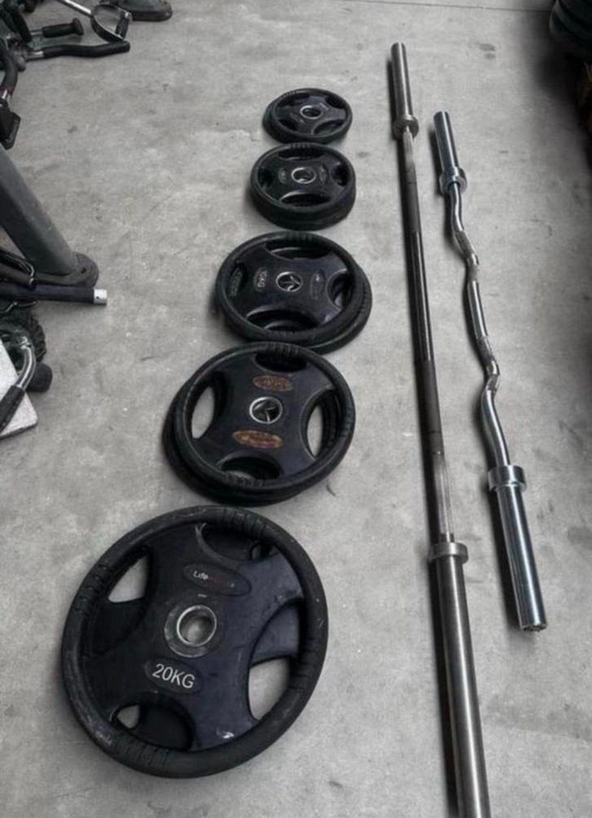 105kg Lifemaxx Gewichten ,Olympische Barbell 220cm ,20kg  ,, Sport en Fitness, Ophalen, Gebruikt, Halterschijven