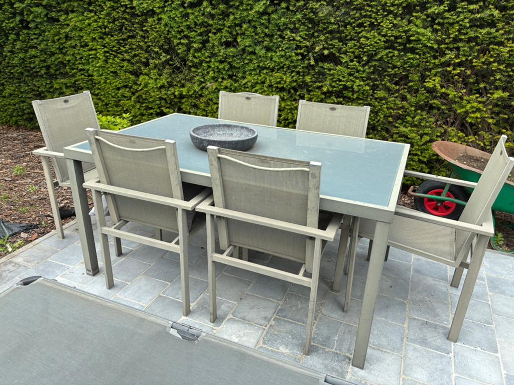 Alu grijs tuinset, Tuin en Terras, Ophalen, Gebruikt, Eettafel, 6 zitplaatsen