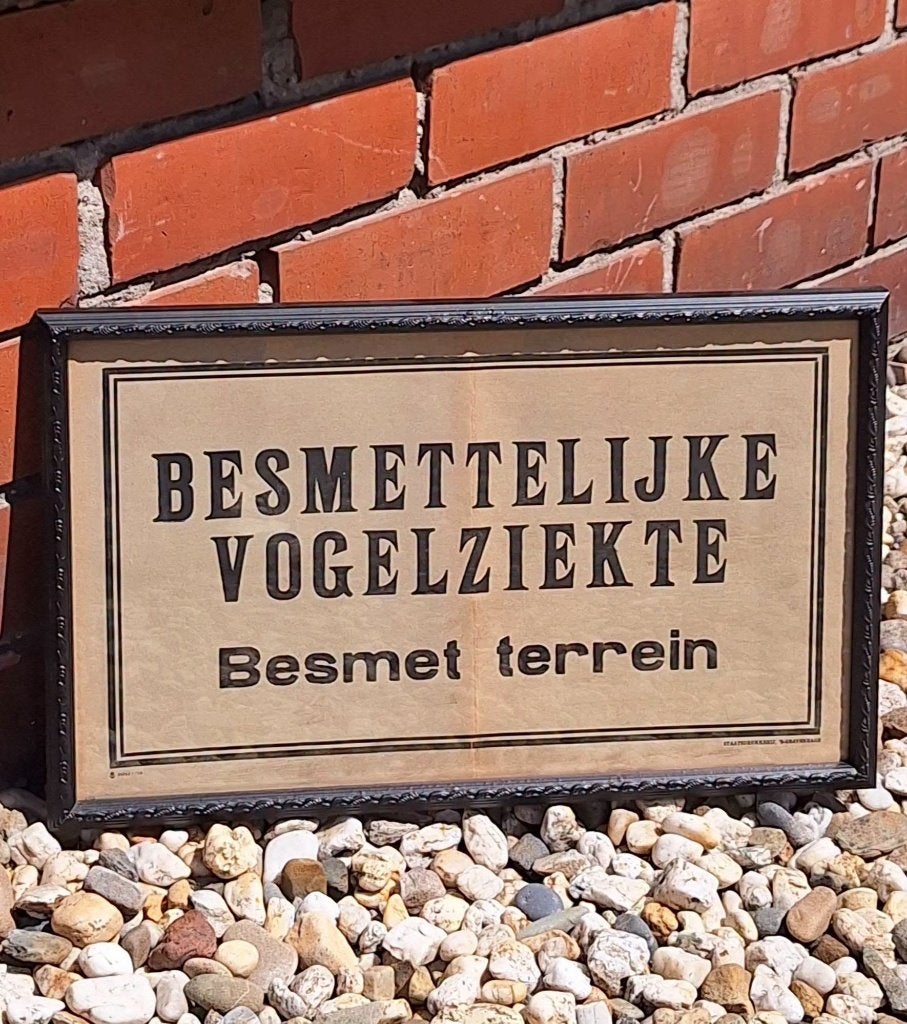 Ingelijste affiche Besmettelijke Vogelziekte Besmet terrein., Collections, Enlèvement, Utilisé, Panneau publicitaire