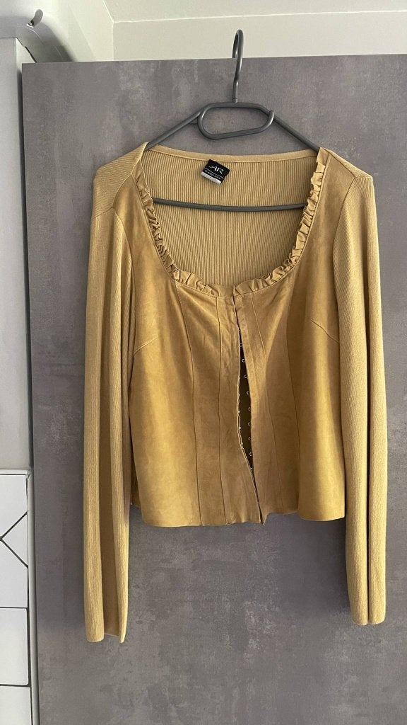 BLOUSE van twee materialen met lange mouwen en treklipje M/, Ophalen of Verzenden, Gedragen, Maat 38/40 (M), Beige