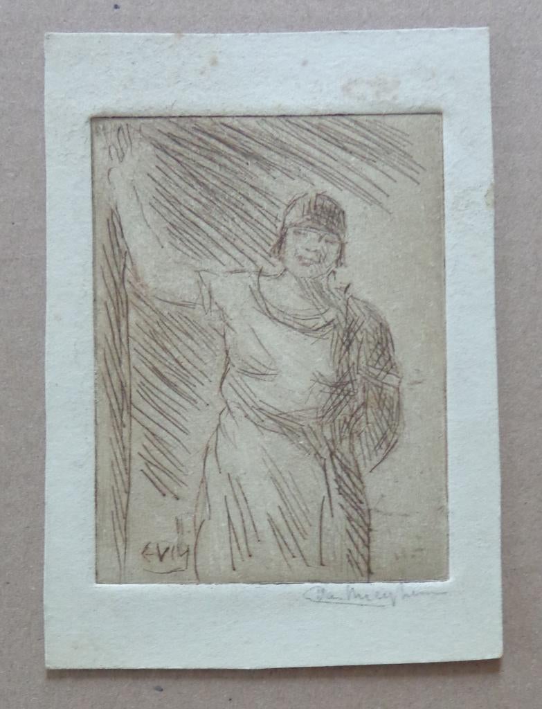 EUGEEN VAN MIEGHEM / STAANDE VROUW / ZW-W ETS 13x9cm / SIG, Antiquités & Art, Enlèvement ou Envoi
