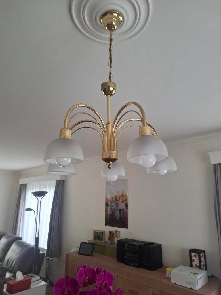 HANGLAMP  geel/goudkleurig koper, Ophalen, E14 (klein), Zo goed als nieuw, Past in bijna elk interieur, geeft veel licht met led-lampjes