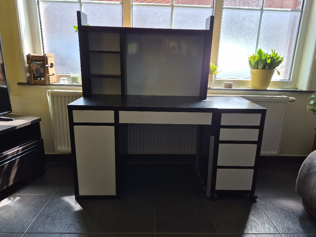 bureau met ladeblok en achterwand, Huis en Inrichting, Ophalen, Zwart, Gebruikt, Hout