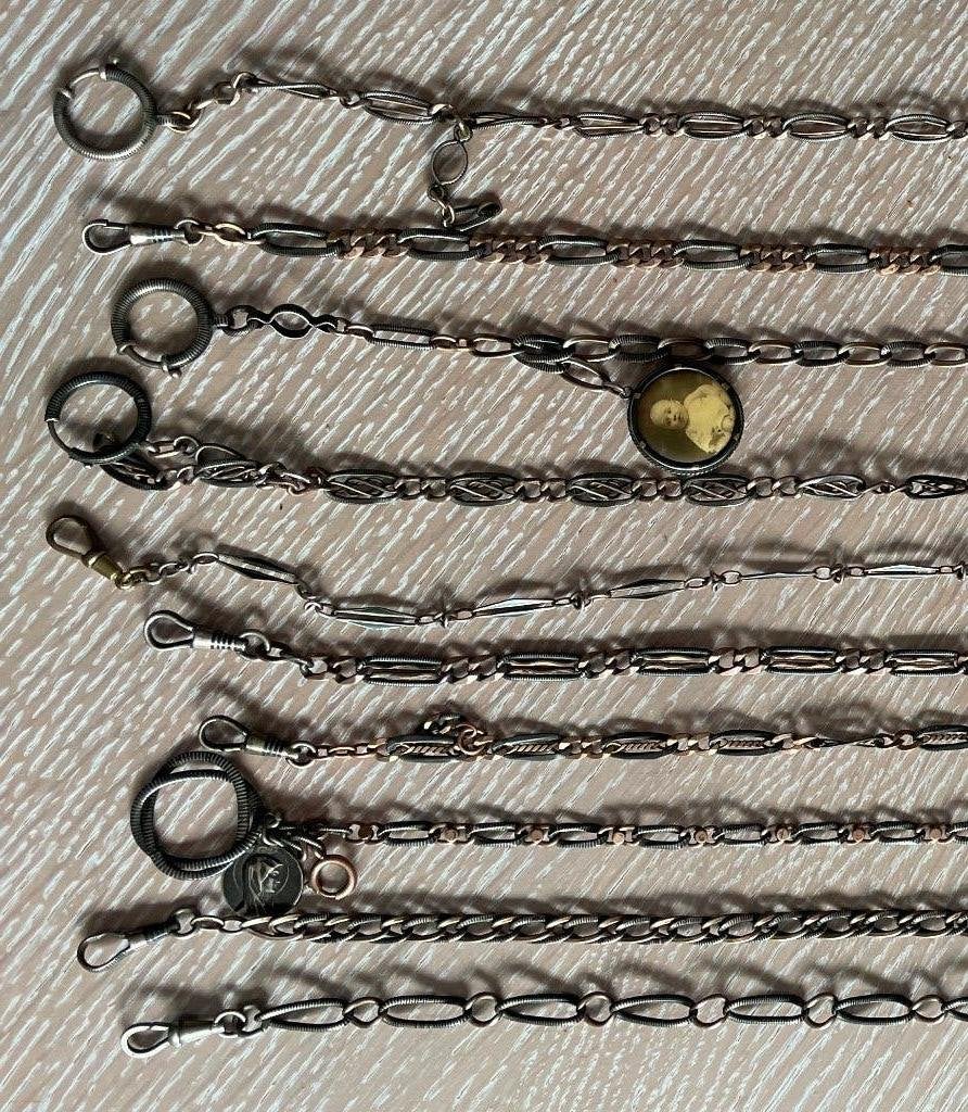 Zakhorloge met 10 kettingen in sterling zilver en vernikkeld, Ophalen, Zakhorloge, 1900 tot 1930, Met ketting