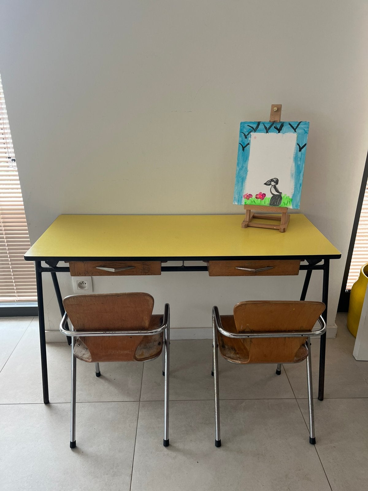 Vintage schoolbank met 2 stoeltjes, Ophalen, Zo goed als nieuw