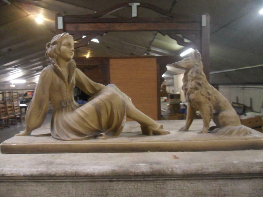 art deco beeld dame met schotse herdershond jean carl 278, Verzamelen, Ophalen of Verzenden