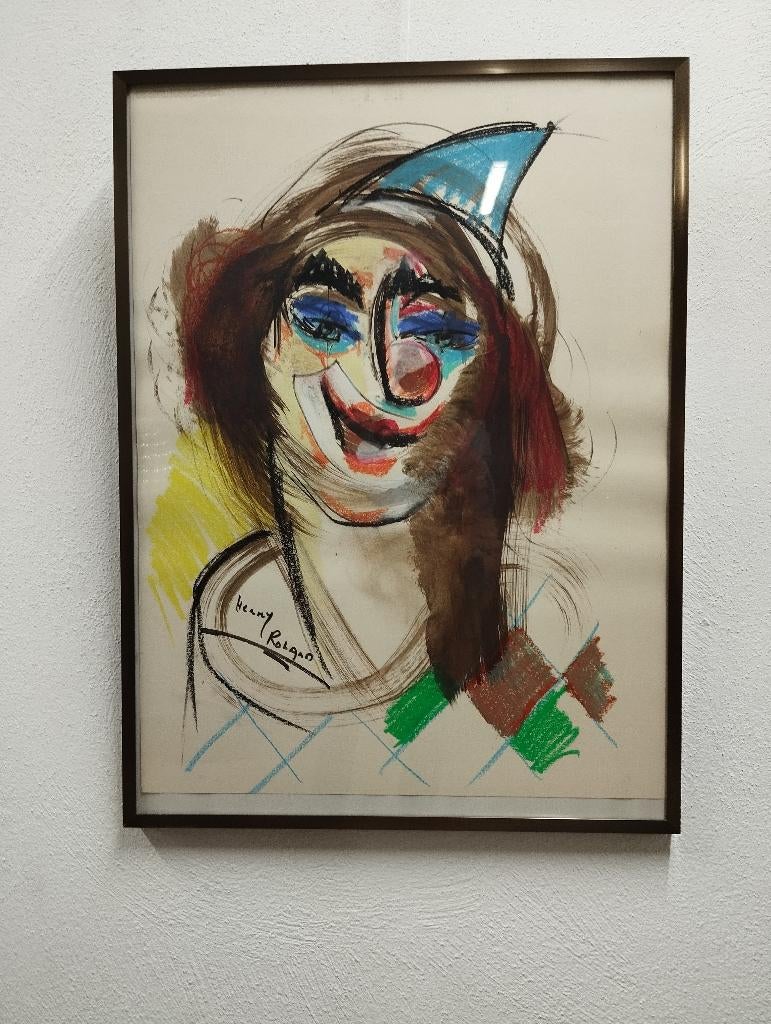 Henry Roland “Clown” in gemengde techniek op papier in kader, Ophalen of Verzenden