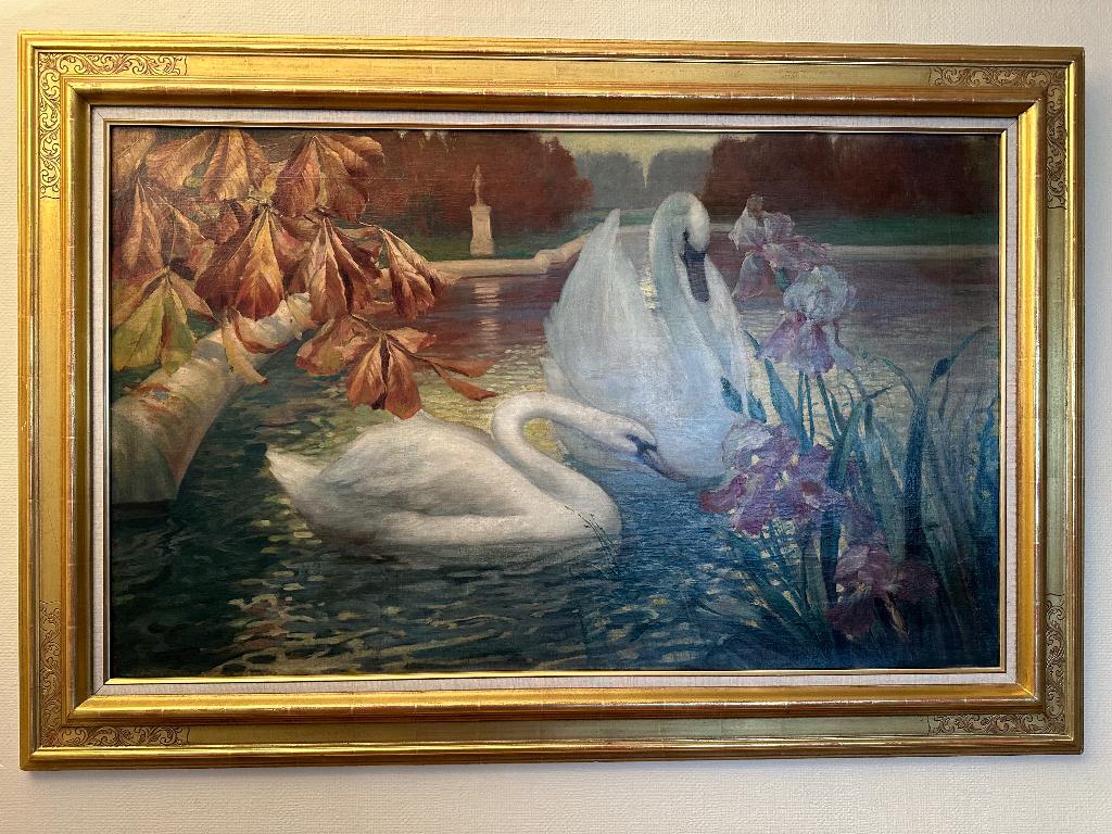 Schilderij van Fernand Toussaint - „Zwanen in iris vijver”, Antiek en Kunst, Kunst | Schilderijen | Klassiek, Ophalen