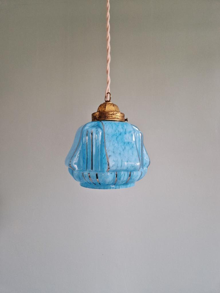 Suspension Art Déco en verre moucheté bleu, années 1920-30, Enlèvement ou Envoi