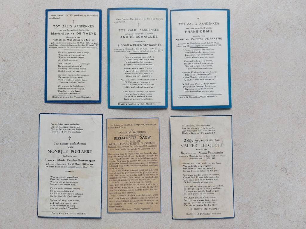 lot van 6 bidprentjes Moerbeke (kindjes), Ophalen of Verzenden