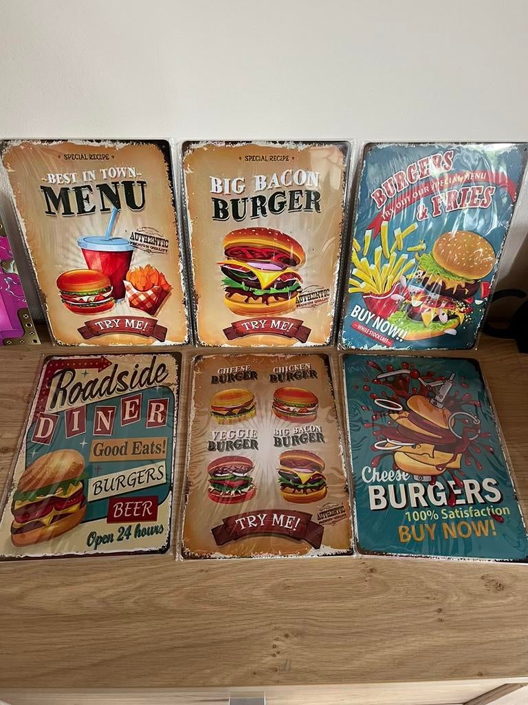 6 metalen borden burgerfrietjes en frietjes, Ophalen of Verzenden, Zo goed als nieuw