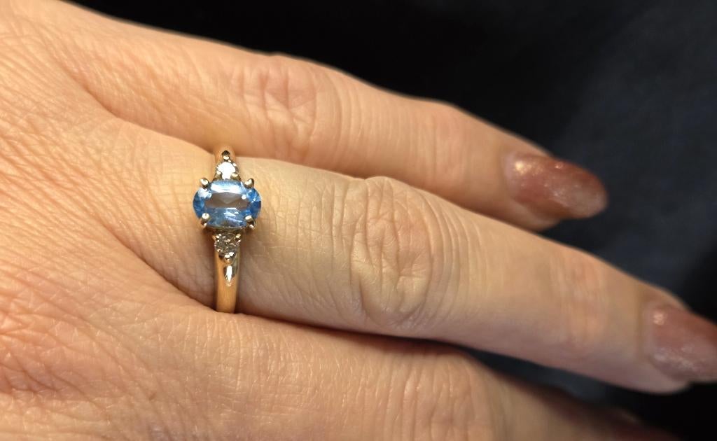 Gouden Vintage ring edelsteen topaas en diamant. 2026/25., Bijoux, Sacs & Beauté, Bagues, Comme neuf, Or, 17 à 18, Bleu
