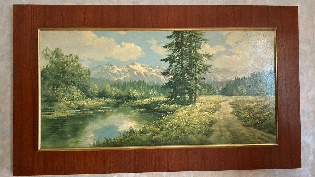 vintage schilderij (berglandschap) jaren 60 in teaken lijst, Ophalen of Verzenden, Zo goed als nieuw, 75 tot 100 cm, Schilderij