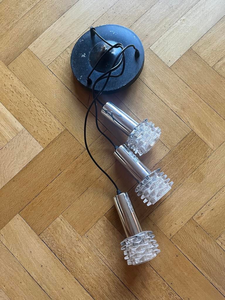 Vintage 3 piece hang lamp, Ophalen, Gebruikt, Glas, Vintage 70s