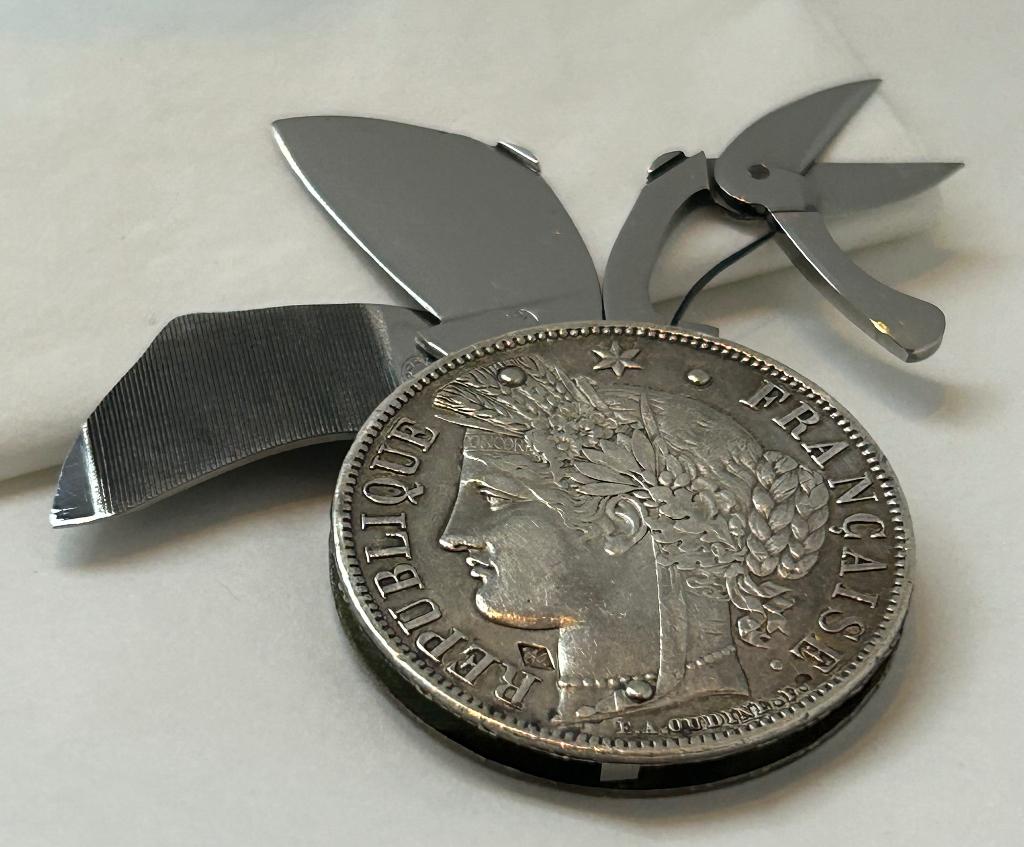 Couteau à monnaie ancien —5 Francs 1851 argent—ELOI & Déposé, Antiquités & Art, Curiosités & Brocante, Enlèvement ou Envoi