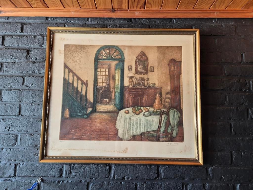 Oude prent van keuken : 63 cm - 55 cm, Antiek en Kunst, Ophalen