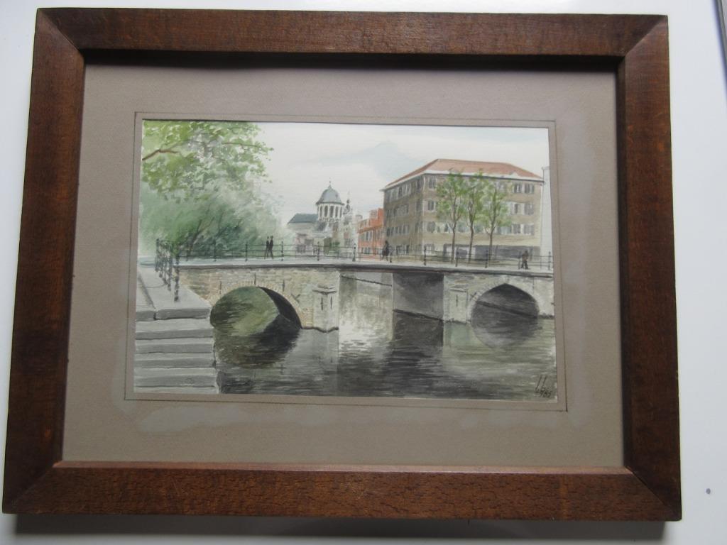 Aquarel "Fonteinbrug anno 1985" door L. Boschmans, Ophalen of Verzenden
