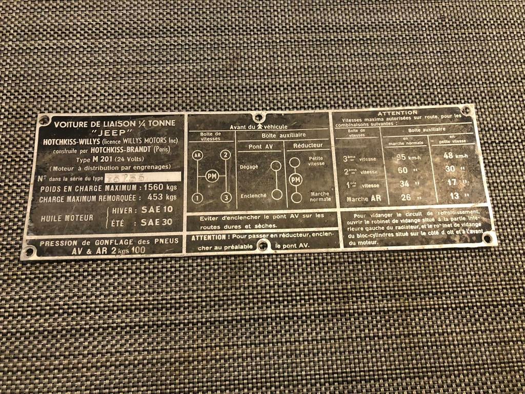 plaquette d’identification jeep willys hotchkiss, Ophalen, Gebruikt, Jeep