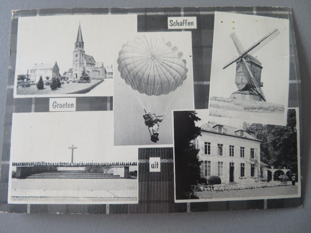 oude postkaart groeten Schaffen molen para kerkhof kerk, Ophalen of Verzenden, Ongelopen, Vlaams-Brabant