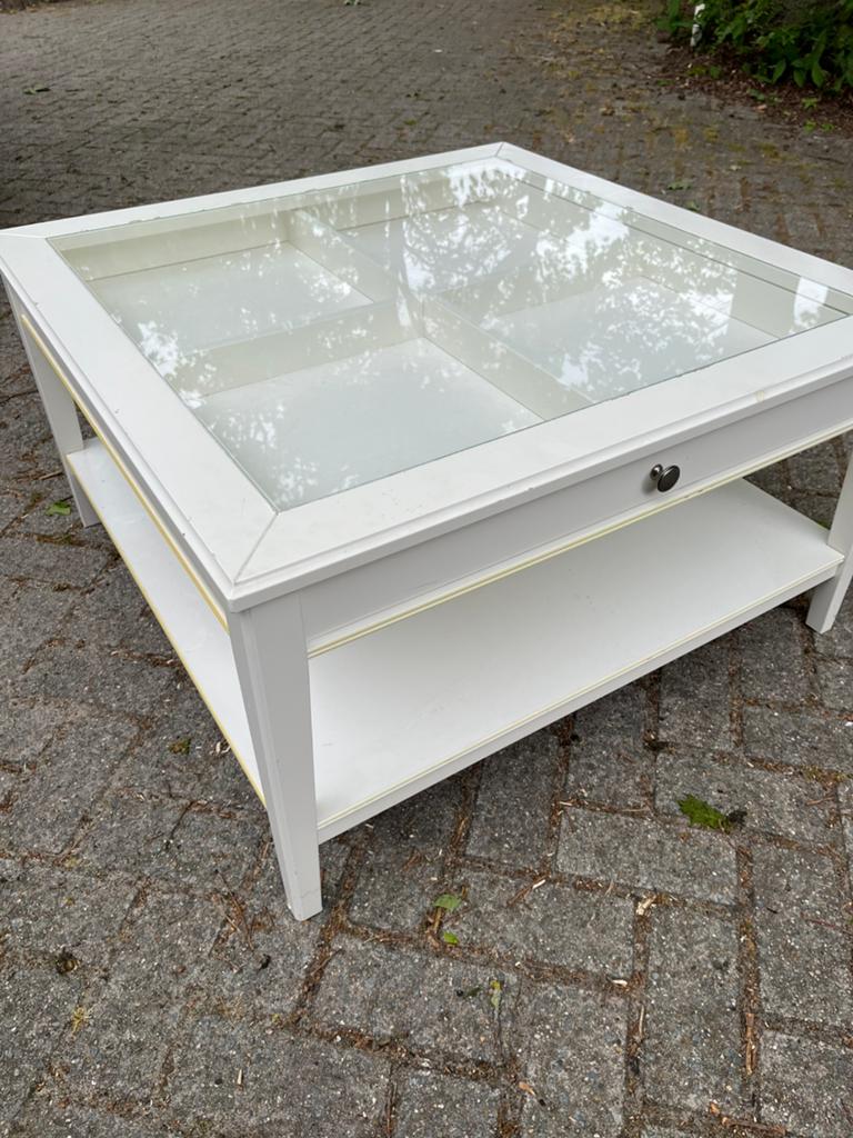 Salontafel vierkant - met glas, grote lade en legplank, Huis en Inrichting, Tafels | Salontafels, Ophalen, Gebruikt, 50 tot 100 cm