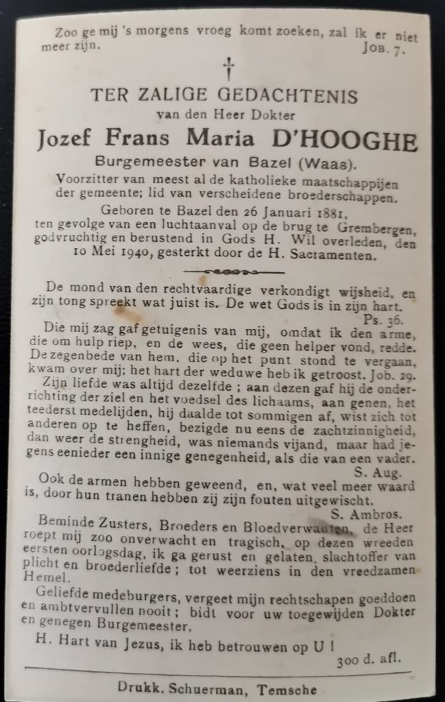 Bidprentje Dokter Burgemeester D'Hooghe Jozef Frans Maria, Collections, Images pieuses & Faire-part, Image pieuse, Enlèvement