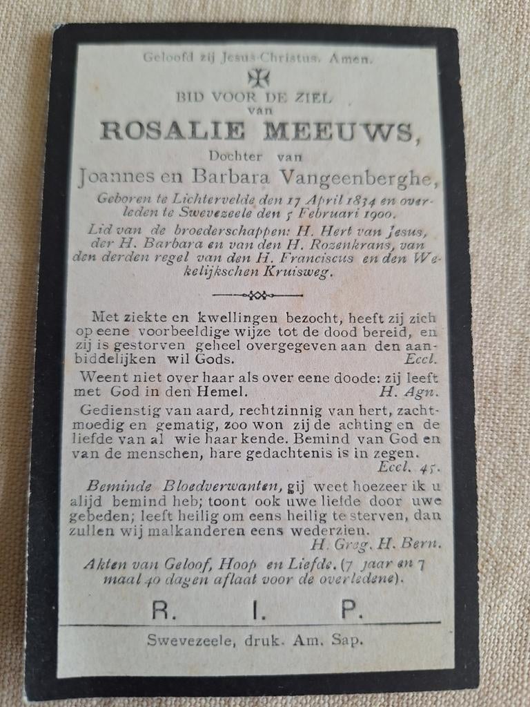 Bidprentje Rosalie Meeuws Lichtervelde 1834 - Zwevezele 1900, Enlèvement ou Envoi, Image pieuse