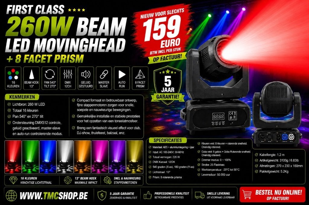 Nieuwe First Class 260W BEAM LED MOVINGHEAD + 8 Facet Prism, Ophalen of Verzenden, Nieuw, Licht, Geluidgestuurd