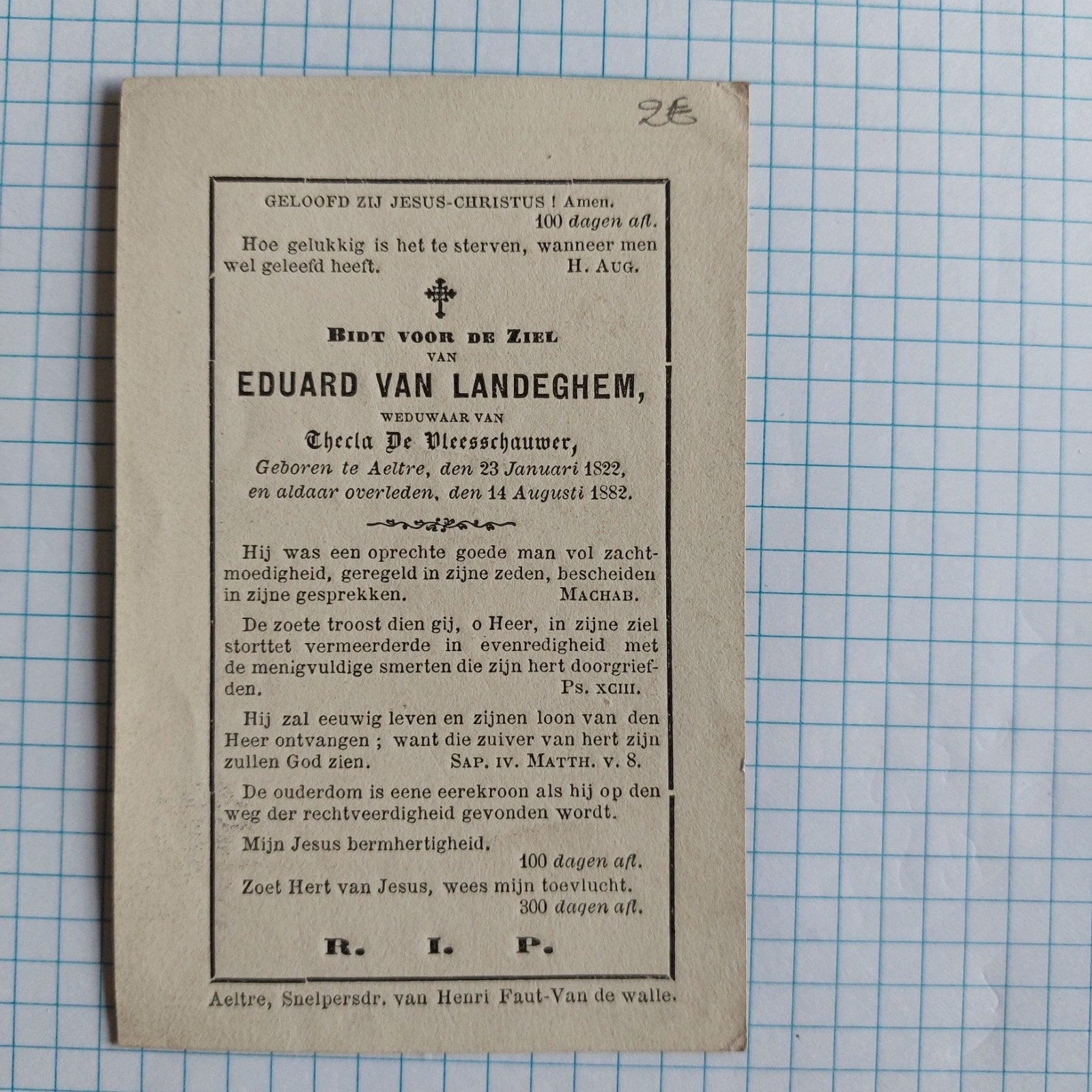 oud bidprentje Aalter 1822-1882, Ophalen of Verzenden, Bidprentje