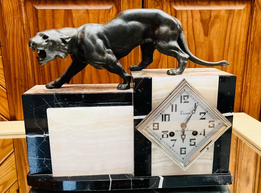 Art Deco schouwklok met panter marmer/Frans werkend 1920, Ophalen