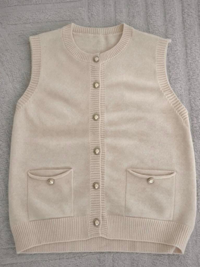 Gilet sans manches beige écru maille boutons dorés poches, Envoi, Comme neuf, Beige