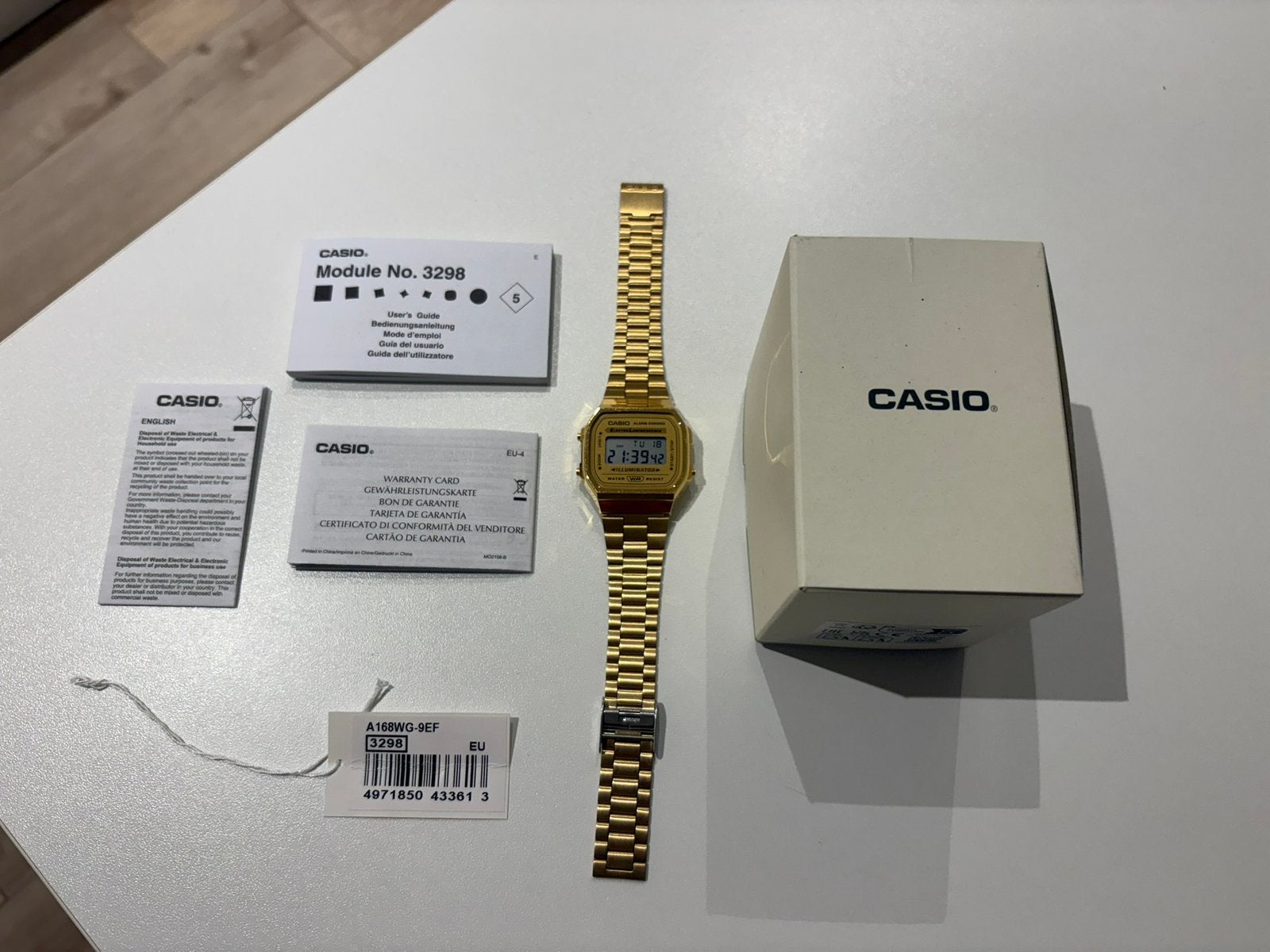 Gouden Casio A168 Full set zeer goed staat 02/26, Ophalen, Zo goed als nieuw, Casio
