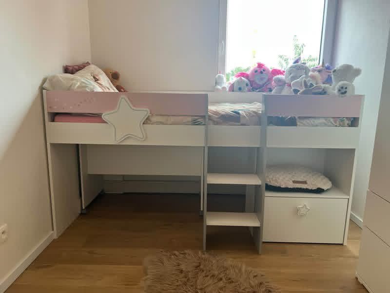 Halfhoog kinderbed met matras, opberglade en bureautje, Ophalen, Zo goed als nieuw, Hoogslaper