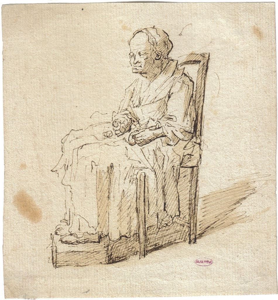 Onvermelde Franse Maker 19e eeuw ets "Zittende Oude Vrouw", Antiek en Kunst, Ophalen