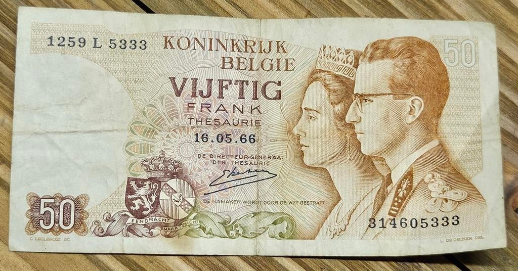 Billet belge de 50 francs 1966 numéro 3146053, Timbres & Monnaies, Enlèvement ou Envoi