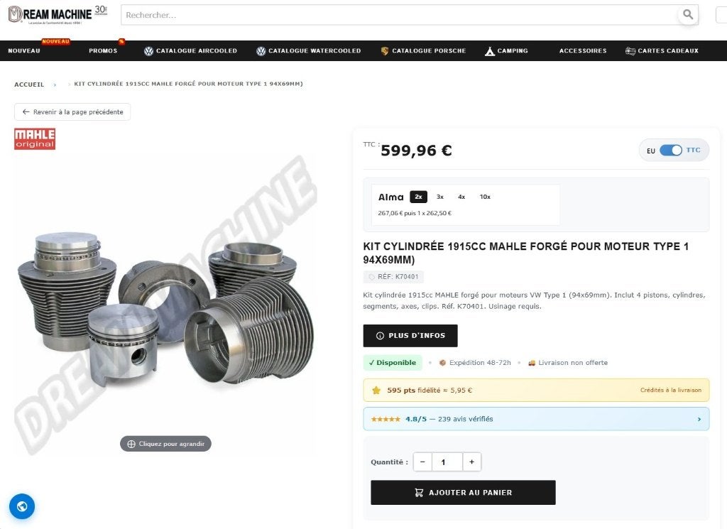 VW Aircooled - Kit Mahle cylindres/pistons 94mm course 69mm, Auto-onderdelen, Motor en Toebehoren, Oldtimer onderdelen, Volkswagen