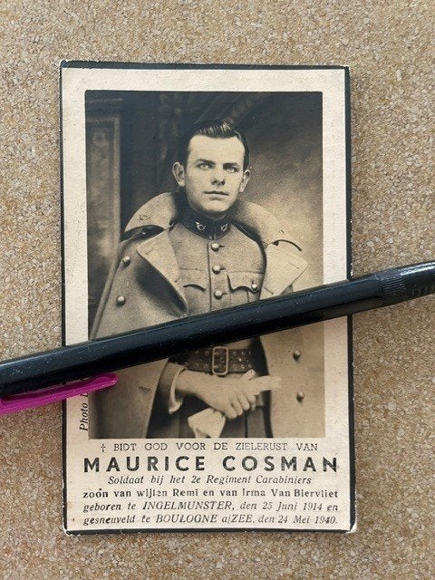 Soldaat COSMAN2reg Carabiniers gesneuveld Boulogne MEI 1940, Ophalen of Verzenden, Bidprentje