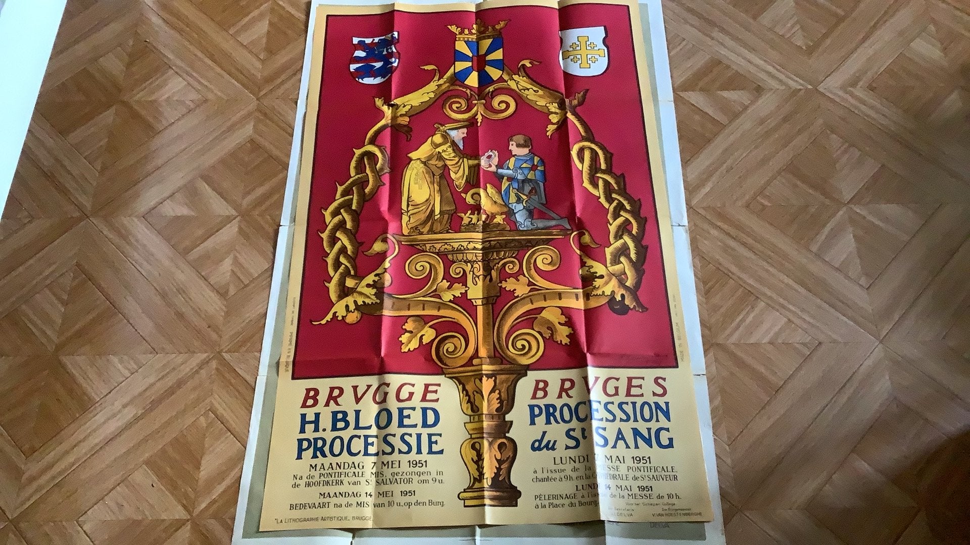 Oude affiche bloed processie brugge 1951, Ophalen of Verzenden