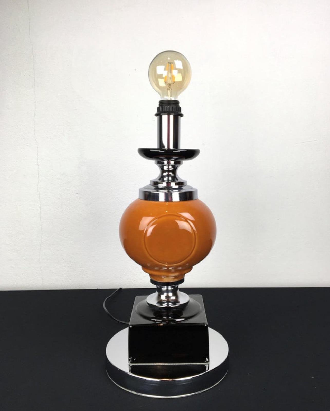 1970s Retro Kubistische Tafellamp Chroom, Met schakelaar, Oranje, Zo goed als nieuw, 53 cm