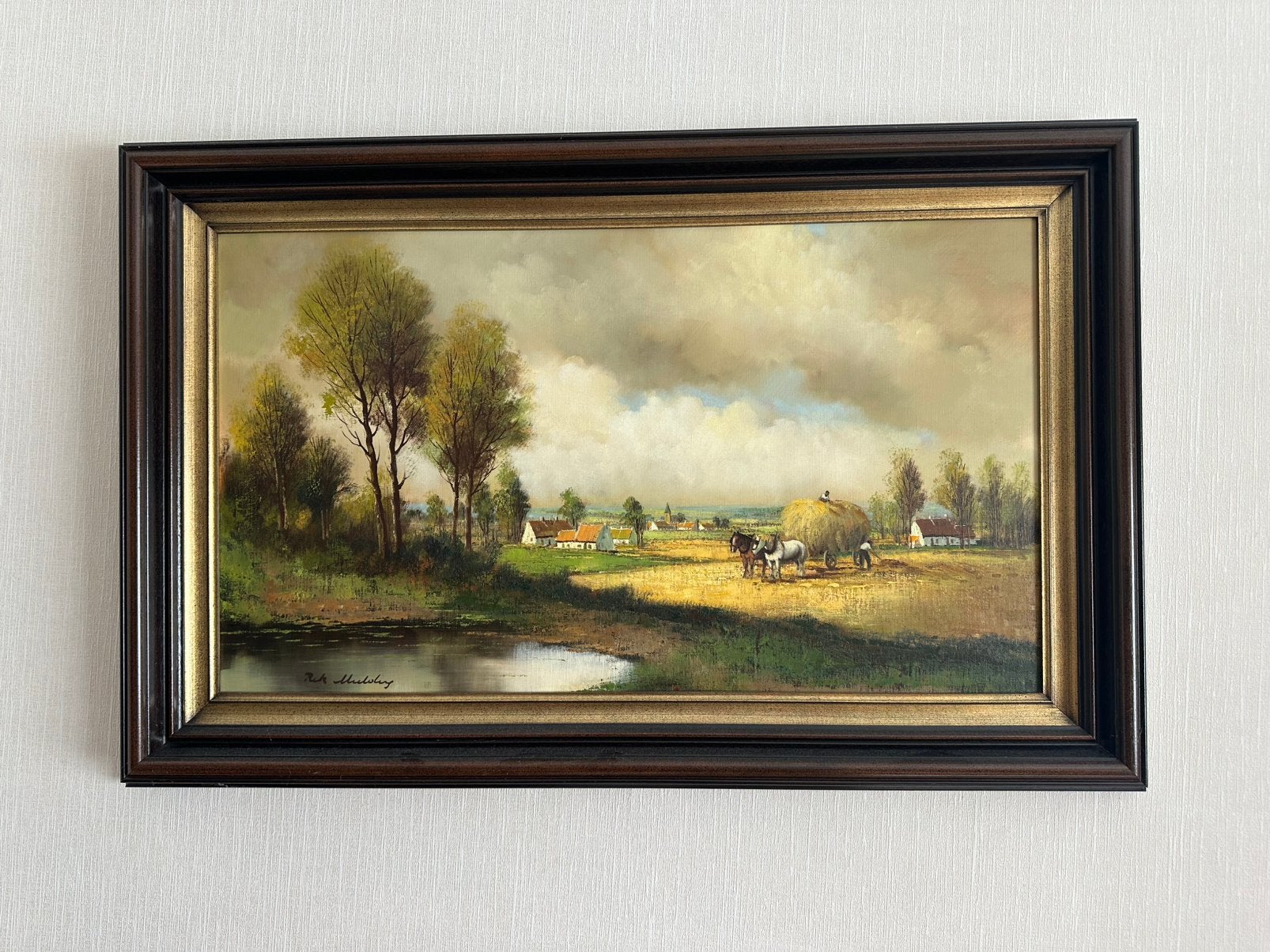 Rik Mulders, olieverf op doek, oogst met paarden, 80x120, Enlèvement, Signé, Peinture à l'huile, Toile
