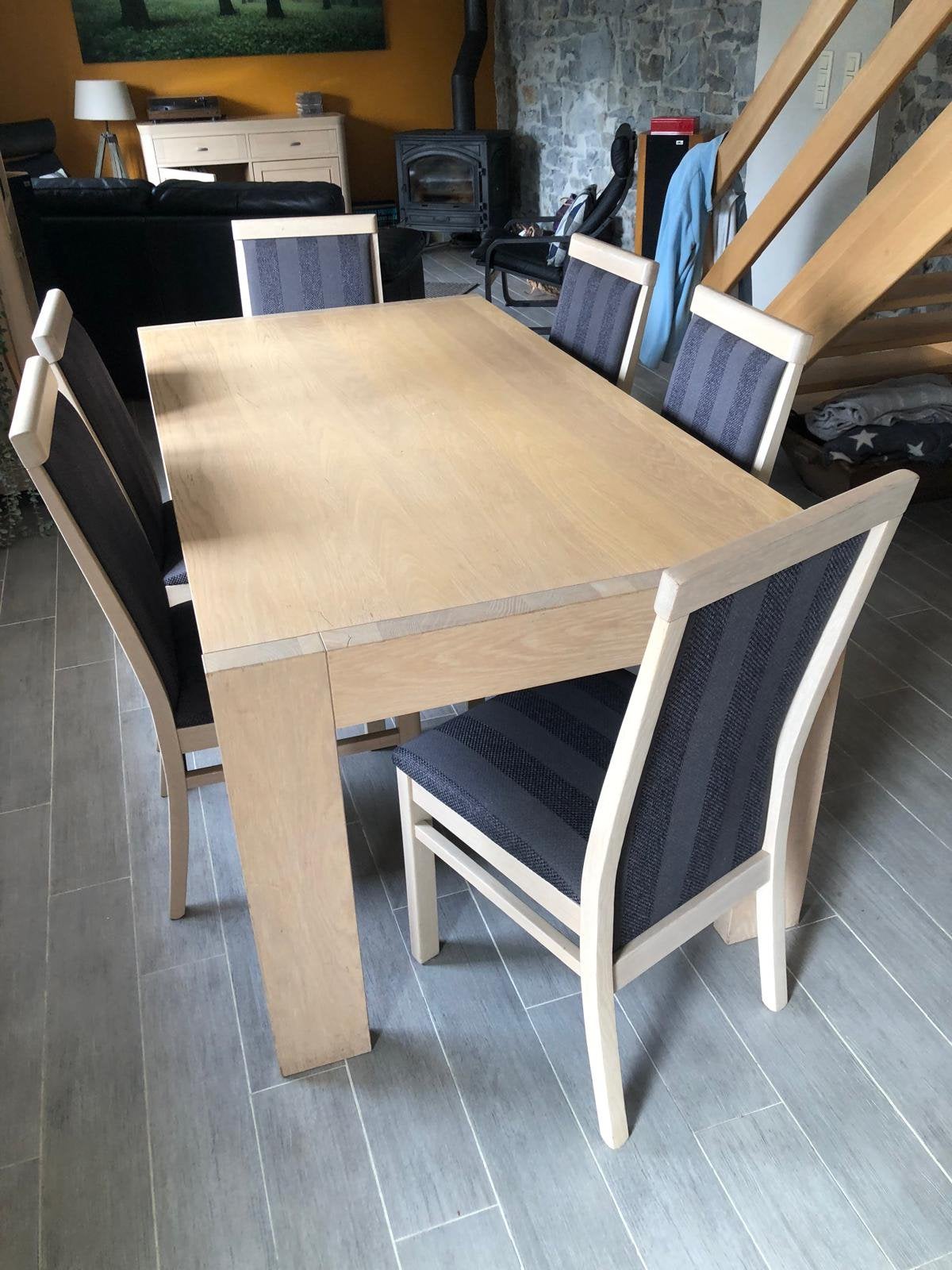 Table moderne bois chene blanchi avec 6 chaises, Maison & Meubles, 150 à 200 cm, Cinq personnes ou plus, Enlèvement, Utilisé