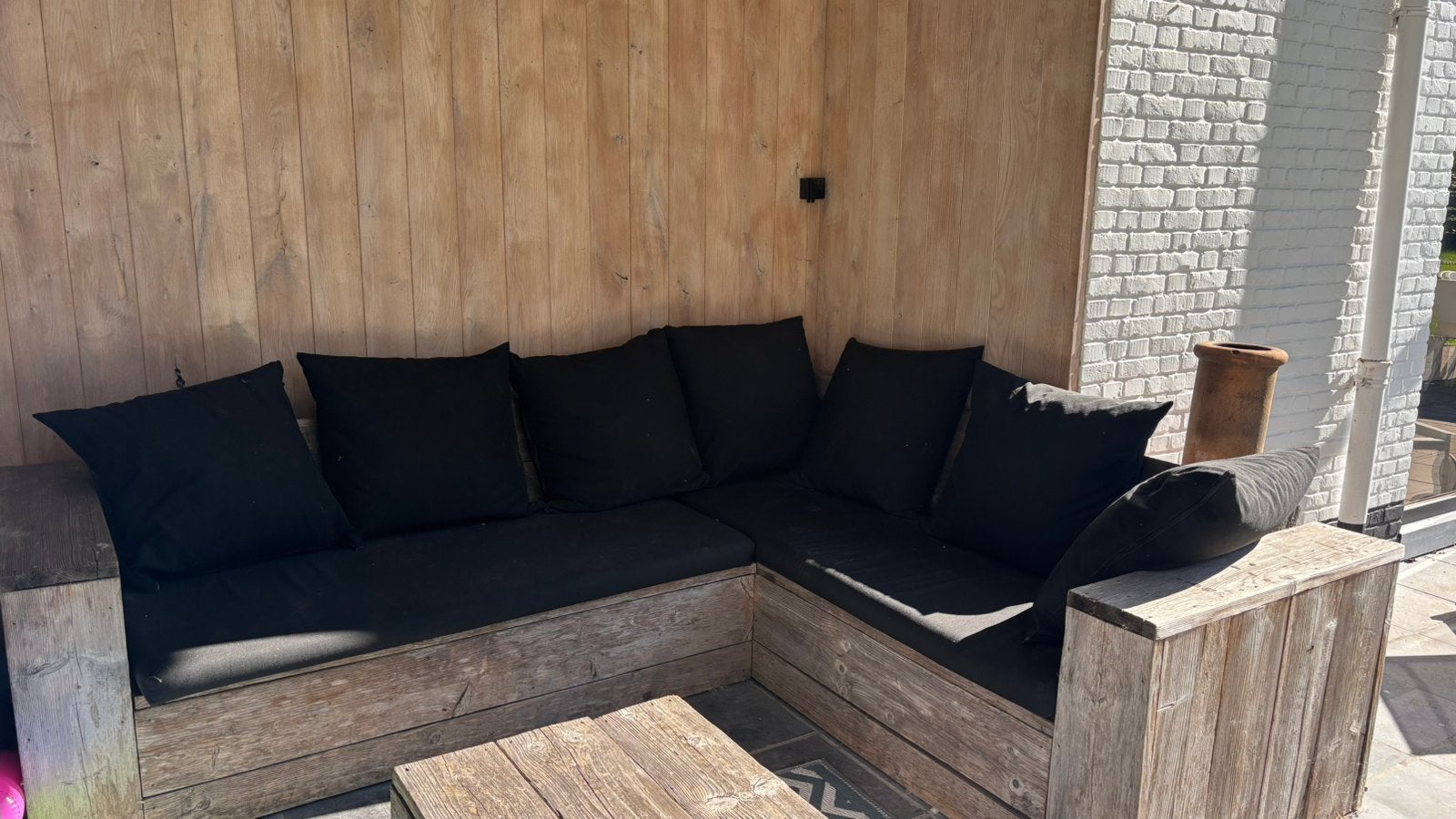 Hoekbank steigerhout, Tuin en Terras, Ophalen, Gebruikt, 6 zitplaatsen, Steigerhout
